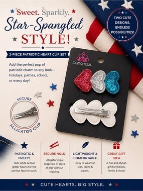 paparazzi Kids Glitter Heart Hair Clips - Red, Silver, Blue